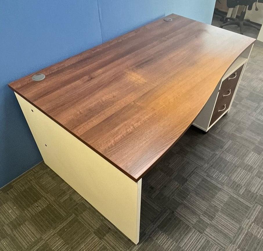 1600mm Left Hand Wave Desk with 3 Drawer Pedestal Walnut / White (used)