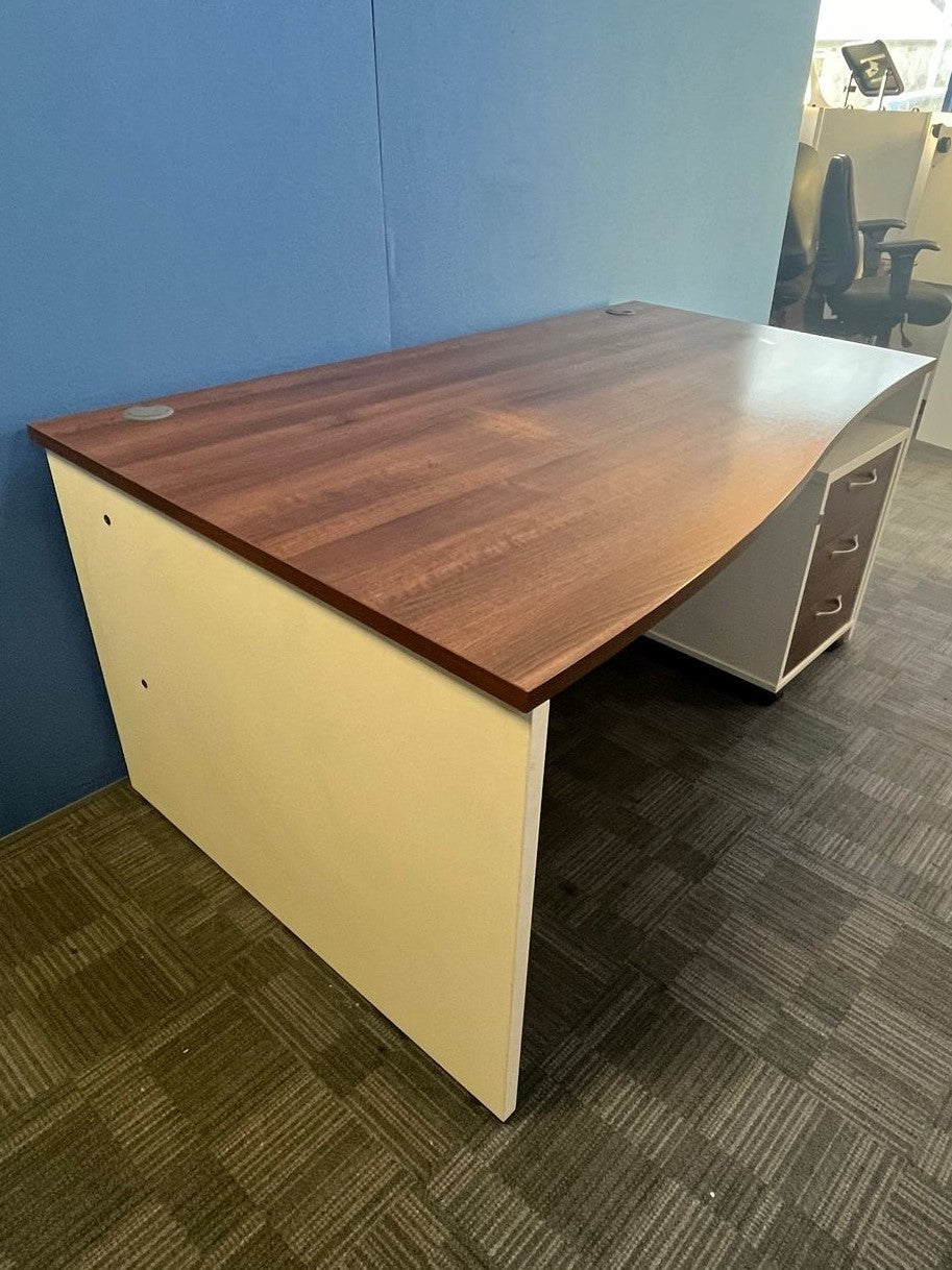 1600mm Left Hand Wave Desk with 3 Drawer Pedestal Walnut / White (used)