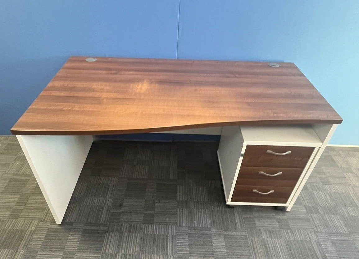 1600mm Left Hand Wave Desk with 3 Drawer Pedestal Walnut / White (used)