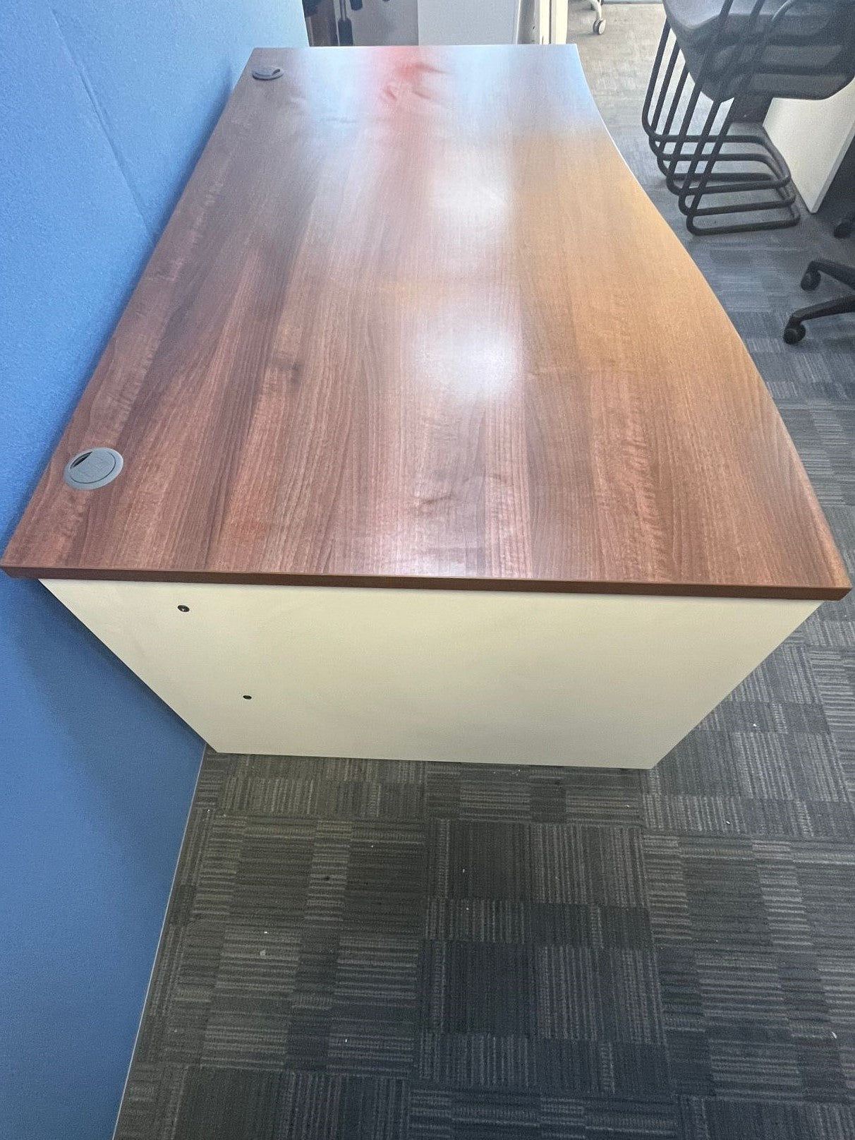 1600mm Left Hand Wave Desk with 3 Drawer Pedestal Walnut / White (used)