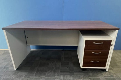 1600x800mm Straight Desk with 3 Drawer Pedestal Walnut / White (used)