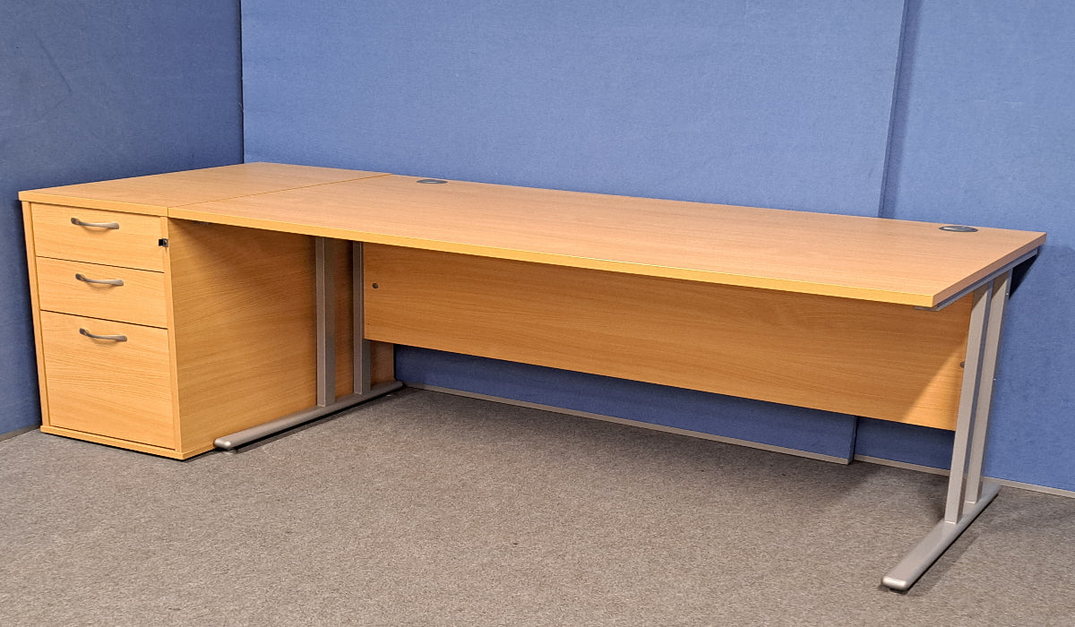 2030x800mm Straight Desk inc 3 Drawer Desk High Pedestal Beech (used)