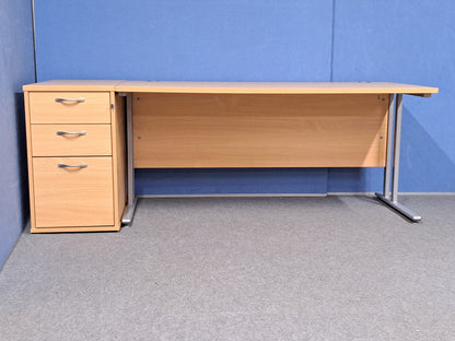 2030x800mm Straight Desk inc 3 Drawer Desk High Pedestal Beech (used)