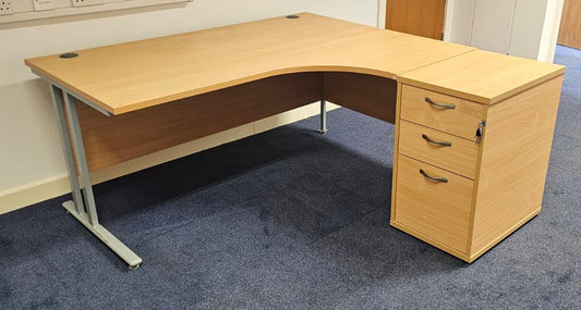1600mm Right Hand Curved Desk with 3 Drawer Desk High Pedestal Beech (used)