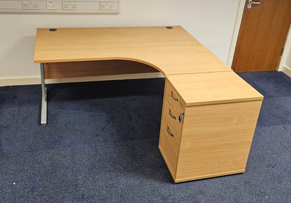 1600mm Right Hand Curved Desk with 3 Drawer Desk High Pedestal Beech (used)