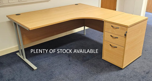 1600mm Right Hand Curved Desk with 3 Drawer Desk High Pedestal Beech (used)