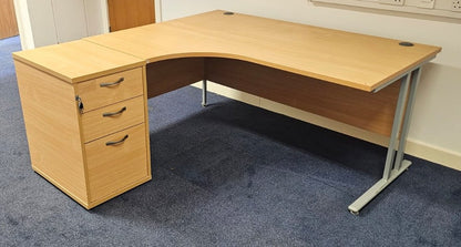 1600mm Left Hand Curved Desk with 3 Drawer Desk High Pedestal Beech (used)