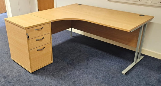 1600mm Left Hand Curved Desk with 3 Drawer Desk High Pedestal Beech (used)