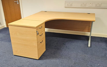 1600mm Left Hand Curved Desk with 3 Drawer Desk High Pedestal Beech (used)