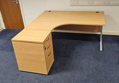 1600mm Left Hand Curved Desk with 3 Drawer Desk High Pedestal Beech (used)