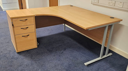 1600mm Left Hand Curved Desk with 3 Drawer Desk High Pedestal Beech (used)
