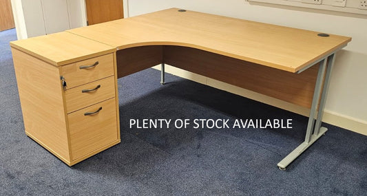 1600mm Left Hand Curved Desk with 3 Drawer Desk High Pedestal Beech (used)
