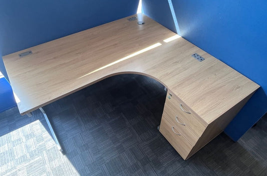 1600mm Right Hand Curved Desk with 3 Drawer Desk High Pedestal Verade Oak (used)