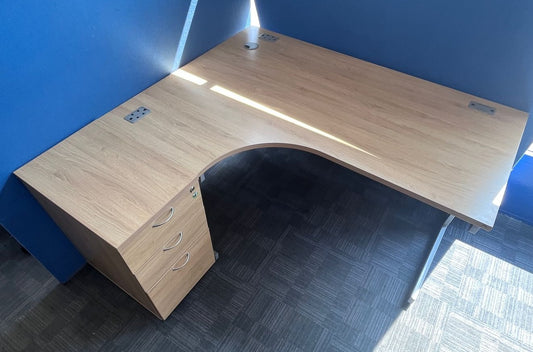 1600mm Left Hand Curved Desk with 3 Drawer Desk High Pedestal Verade Oak (used)