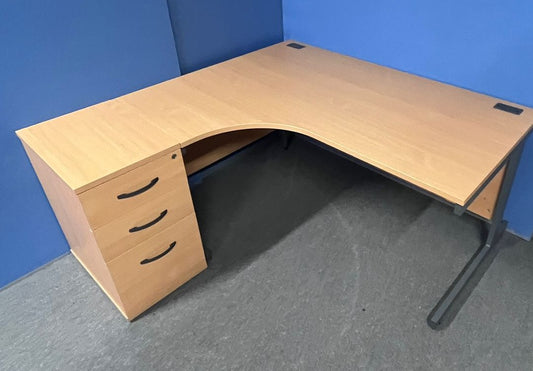1600mm Left Hand Curved Desk with 3 Drawer Desk High Pedestal Beech (used)
