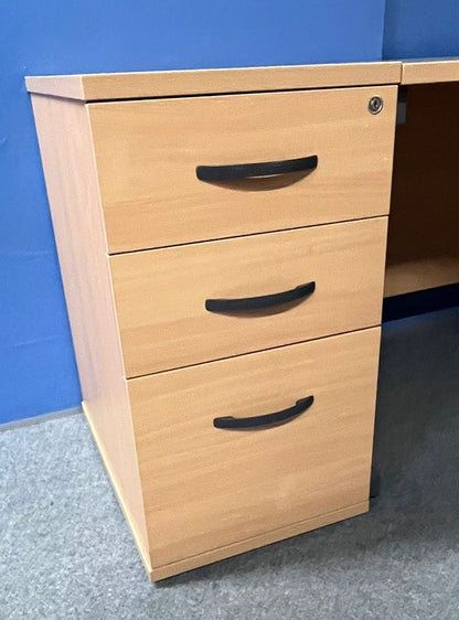 1600mm Left Hand Curved Desk with 3 Drawer Desk High Pedestal Beech (used)