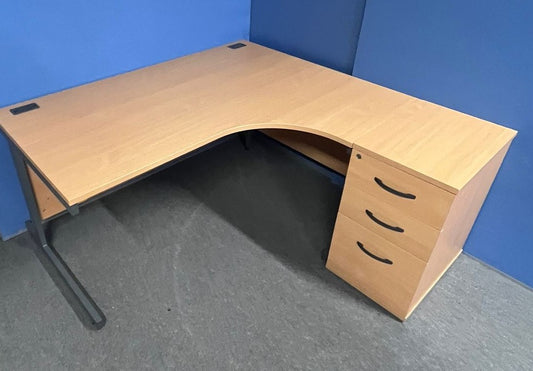 1600mm Right Hand Curved Desk with 3 Drawer Desk High Pedestal Beech (used)
