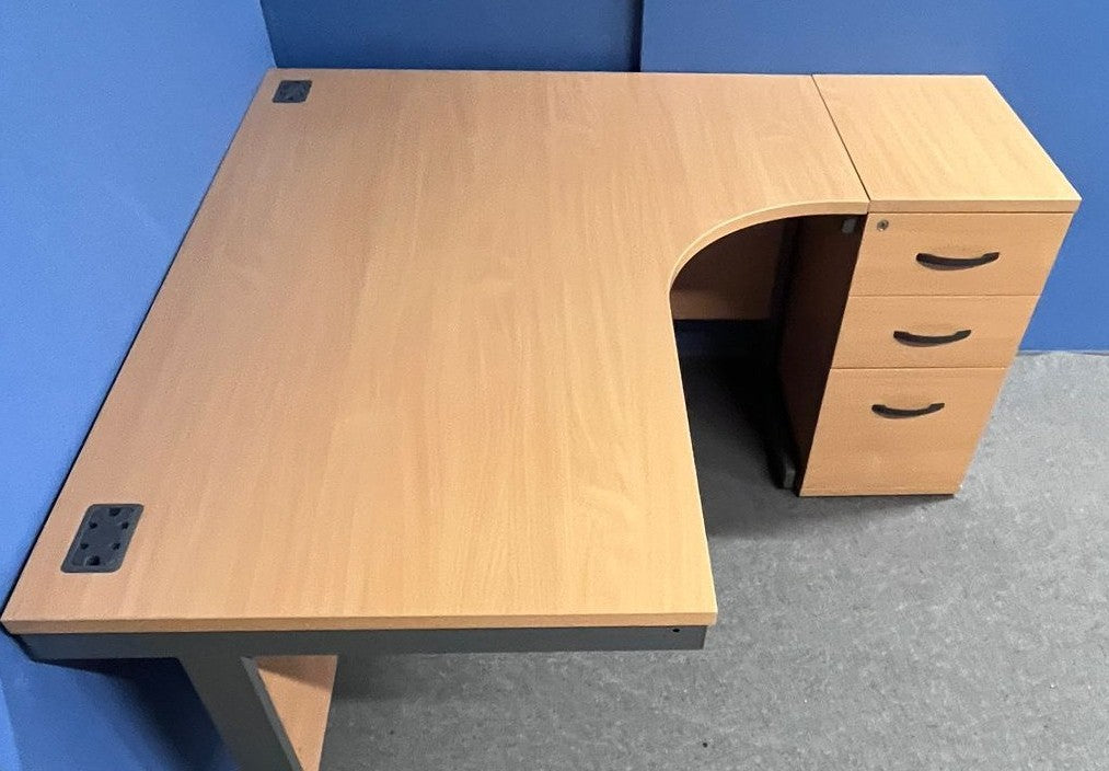 1600mm Right Hand Curved Desk with 3 Drawer Desk High Pedestal Beech (used)