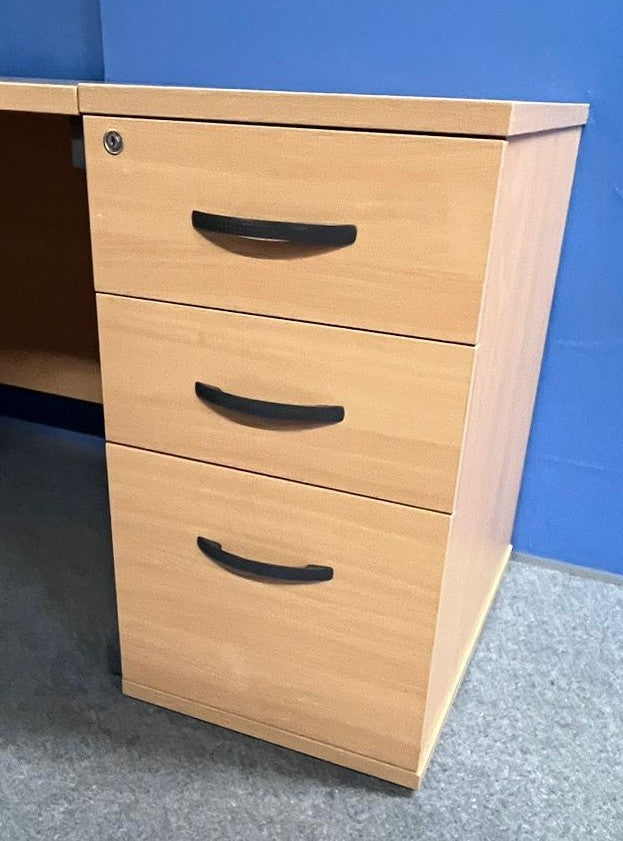 1600mm Right Hand Curved Desk with 3 Drawer Desk High Pedestal Beech (used)