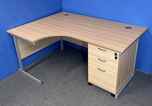 1600mm Left Hand Curved Desk inc 3 Drawer Mobile Pedestal Verade Oak (used)