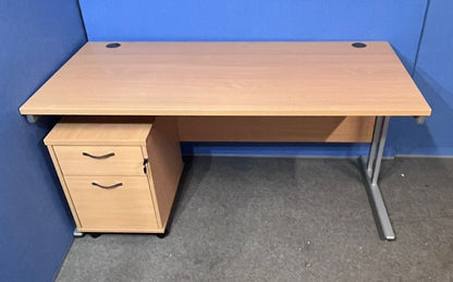 1600x800mm Straight Desk inc 2 Drawer Mobile Pedestal in Beech (used)