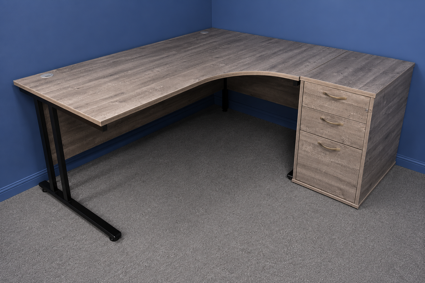 Used 1600mm Right Hand Curved Desk inc Desk High 3 Drawer Pedestal – Grey Top with Black Frame