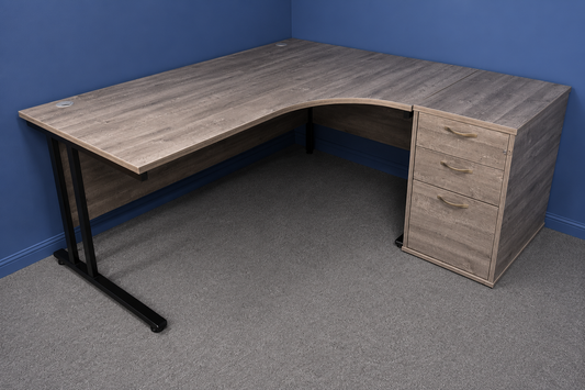 Used 1600mm Right Hand Curved Desk with Desk High 3 Drawer Pedestal – Grey / Black