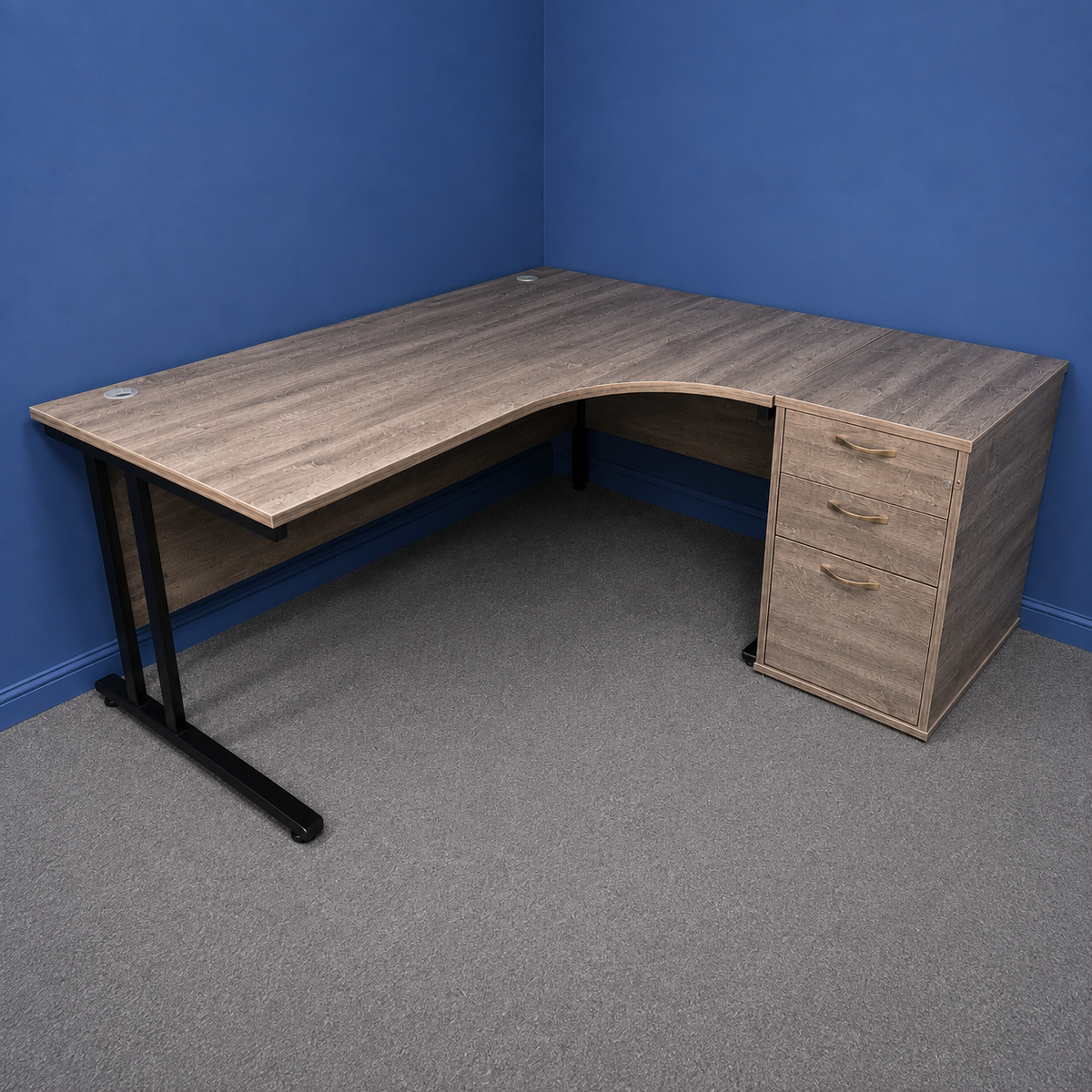 Used 1600mm Right Hand Curved Desk inc Desk High 3 Drawer Pedestal – Grey Top with Black Frame