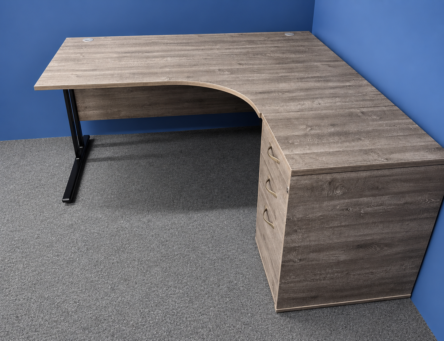 Used 1600mm Right Hand Curved Desk inc Desk High 3 Drawer Pedestal – Grey Top with Black Frame