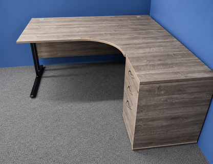 Used 1600mm Right Hand Curved Desk inc Desk High 3 Drawer Pedestal – Grey Top with Black Frame