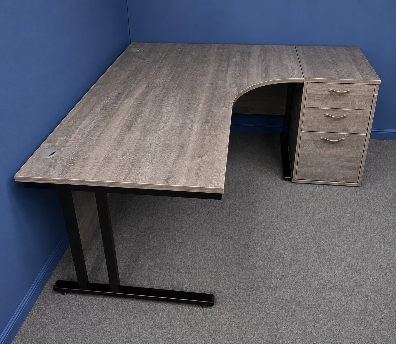 Used 1600mm Right Hand Curved Desk inc Desk High 3 Drawer Pedestal – Grey Top with Black Frame