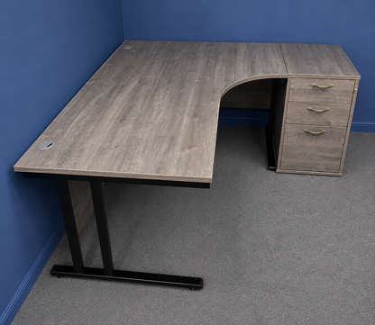 Used 1600mm Right Hand Curved Desk inc Desk High 3 Drawer Pedestal – Grey Top with Black Frame