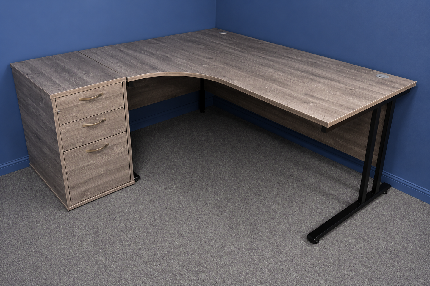 Used 1600mm Left Hand Curved Desk inc Desk High 3 Drawer Pedestal – Grey Top with Black Frame