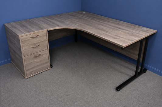 Used 1600mm Left Hand Curved Desk with Desk High 3 Drawer Pedestal – Grey / Black