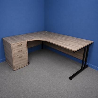 Used 1600mm Left Hand Curved Desk inc Desk High 3 Drawer Pedestal – Grey Top with Black Frame