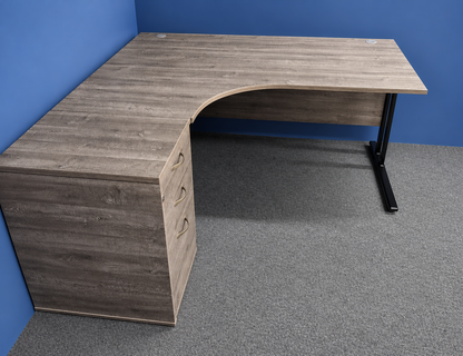 Used 1600mm Left Hand Curved Desk inc Desk High 3 Drawer Pedestal – Grey Top with Black Frame