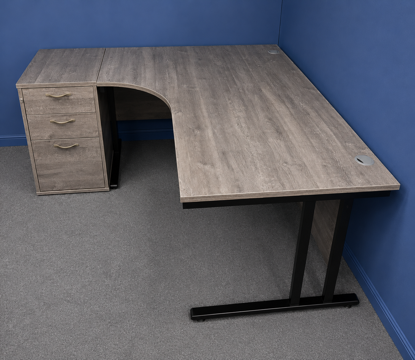 Used 1600mm Left Hand Curved Desk inc Desk High 3 Drawer Pedestal – Grey Top with Black Frame
