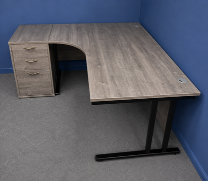 Used 1600mm Left Hand Curved Desk inc Desk High 3 Drawer Pedestal – Grey Top with Black Frame