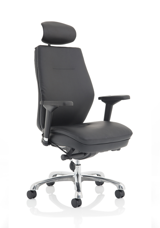 Domino High Back Black Posture Leather Chair, H/Adj Arms & Headrest Black D.S.