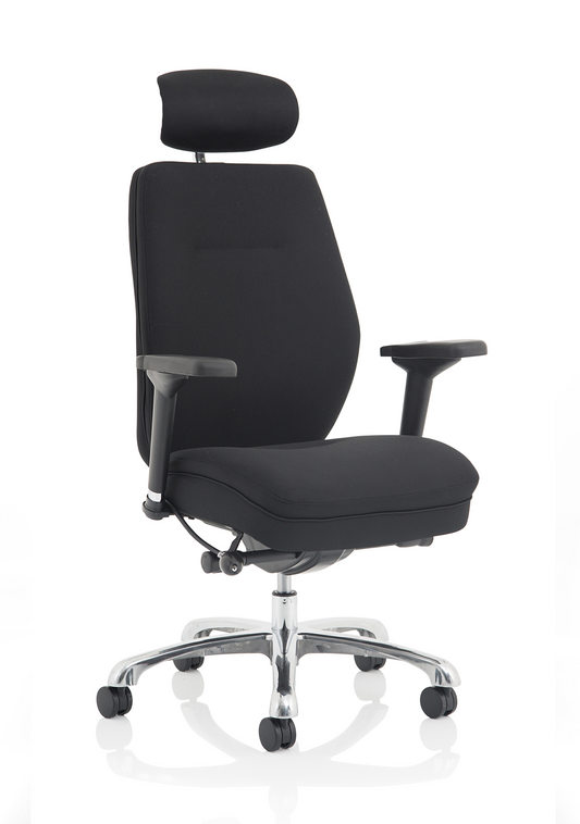 Domino High Back Black Posture Fabric Chair, H/Adj Arms & Headrest Black D.S.