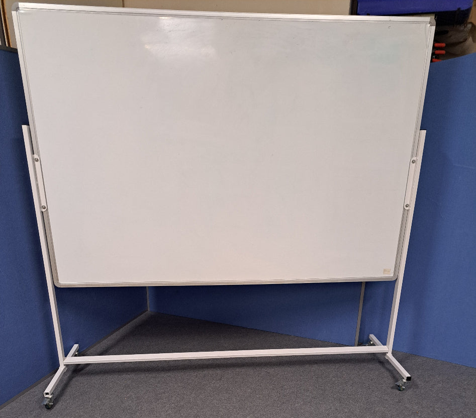 Whiteboard on a stand against a blue wall
