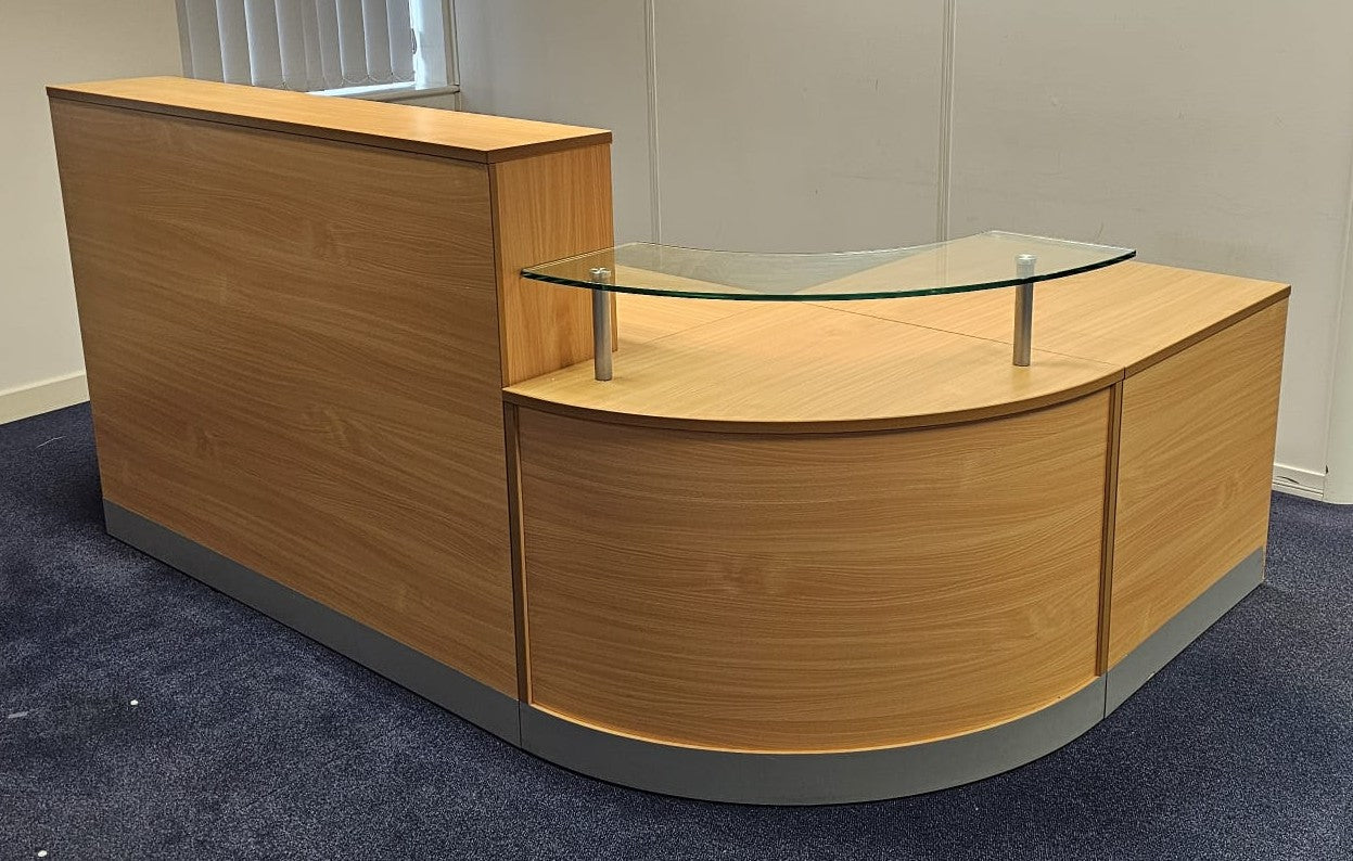2400x1600mm Reception Counter with Glass Shelf Beech (used)