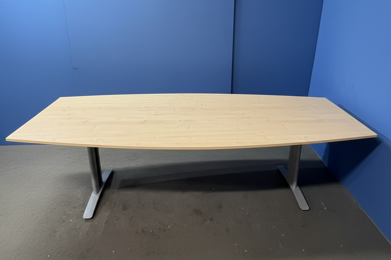Wooden desk against a blue wall
