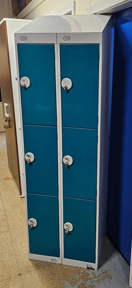 SALE Tall 6 Door Lockers, Doors - 2 Wide, 3 Tall per Unit Teal / Grey (used)