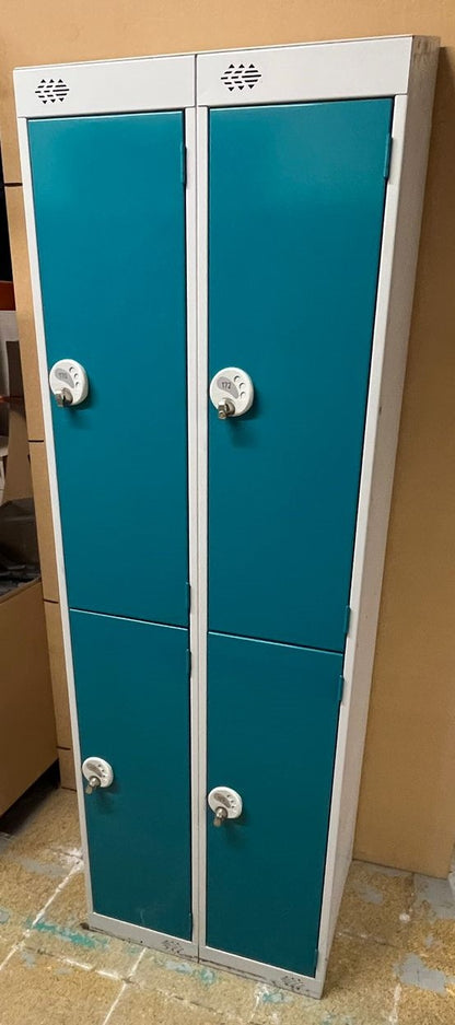 Tall 4 Door Lockers, Doors - 2 Wide, 2 Tall per Unit Teal / Grey (used)