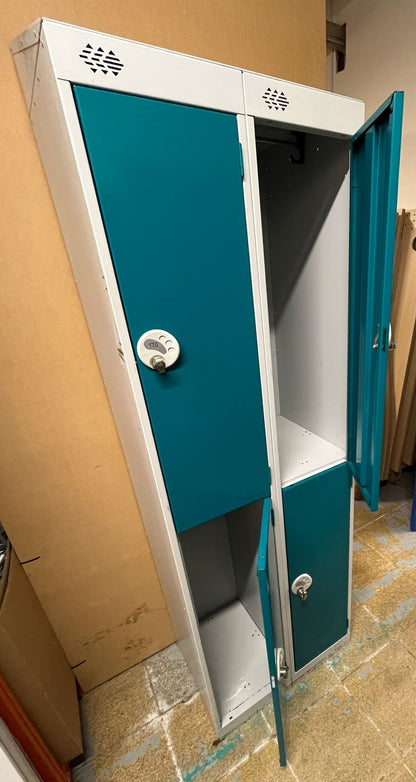 Tall 4 Door Lockers, Doors - 2 Wide, 2 Tall per Unit Teal / Grey (used)