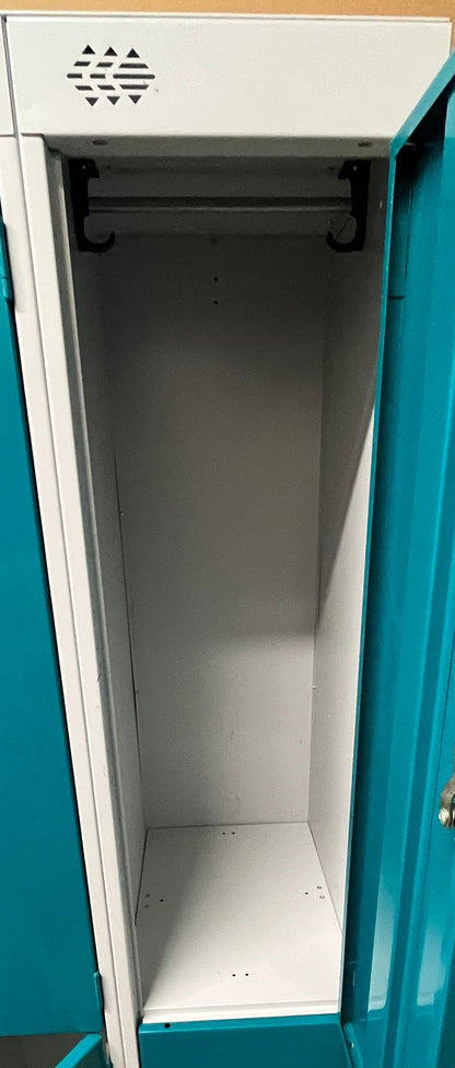 Tall 4 Door Lockers, Doors - 2 Wide, 2 Tall per Unit Teal / Grey (used)