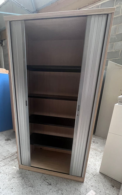 2000mm High Tambour Unit with 4 Shelves Grey / Maple (used)