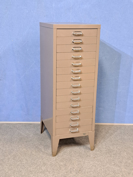 Vintage Stor All Steel 15 Drawer Metal Cabinet with Chrome pull Handles (used)