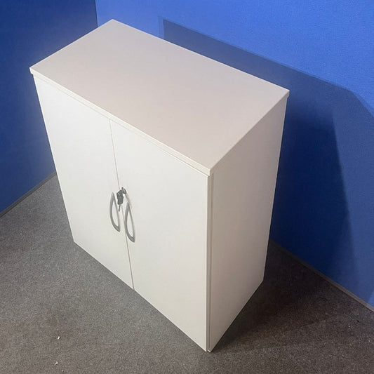 White storage cabinet with a blue wall background